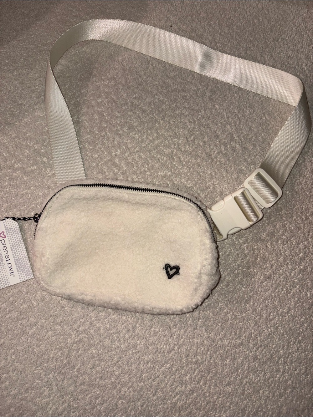 White Sherpa Belt Bag with Heart Accent